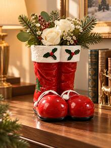 Red Christmas Boot Flower Vase, Festive Santa Boots Floral Container With Holly Accents, Decorative Holiday Centerpiece For Christmas Dining Table, Fireplace Mantel, Entryway Console And Winter Home Decor - Christmas Boot Vase - View 8