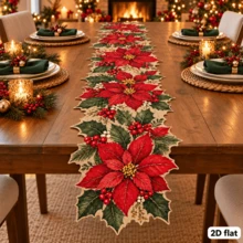 Flat Christmas Linen Table Runner, Asymmetrical Floral Edge, Red Poinsettia Holly Leaf And Berry Pattern, Holiday Table Decor, Suitable For Holiday Dinner, Christmas Party, Kitchen And Farmhouse Home - A - View 1