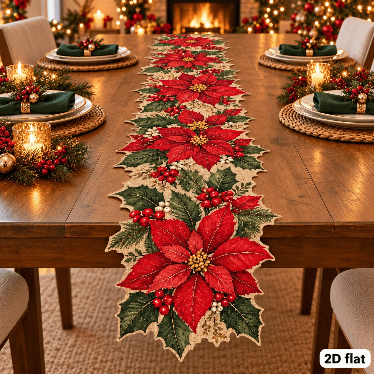 Flat Christmas Linen Table Runner, Asymmetrical Floral Edge, Red Poinsettia Holly Leaf And Berry Pattern, Holiday Table Decor, Suitable For Holiday Dinner, Christmas Party, Kitchen And Farmhouse Home - A - View 1