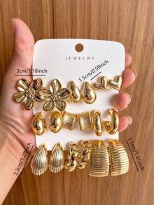 6/18pcs Fashion Gold C-Shaped Textured Petal Earrings, Exaggerated Style Earring Set For Women - Gold - View 5