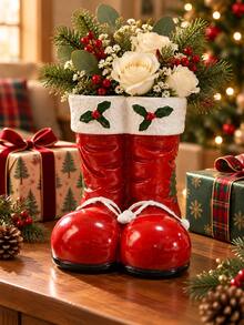 Red Christmas Boot Flower Vase, Festive Santa Boots Floral Container With Holly Accents, Decorative Holiday Centerpiece For Christmas Dining Table, Fireplace Mantel, Entryway Console And Winter Home Decor - Christmas Boot Vase - View 9