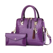 Women's Bright Purple Crocodile-Embossed Glossy PU Top Handle Satchel & Matching Envelope Clutch Set - Crocodile Pattern Mother-baby Bag - View 12