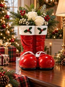 Red Christmas Boot Flower Vase, Festive Santa Boots Floral Container With Holly Accents, Decorative Holiday Centerpiece For Christmas Dining Table, Fireplace Mantel, Entryway Console And Winter Home Decor - Christmas Boot Vase - View 10