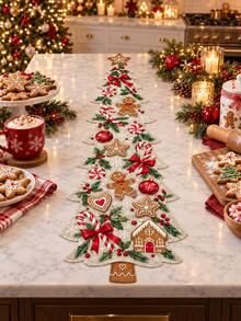 1pc Gingerbread Christmas Tree Linen Table Runner, Cute Gingerbread Man Candy Cane Peppermint Snowflake Print, Irregular Tree Shaped Dining Table Runner, Festive Farmhouse Kitchen Decor, Christmas Decorations For Home, Xmas Party, Holiday Table Decor - C - View 4