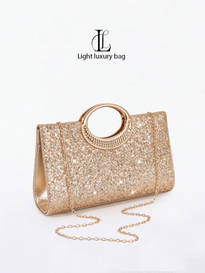 1pc European And American Vintage Large Round Ring Sequin Evening Clutch, Women's Luxury Elegant Gold Shiny Rhinestone Sequin Handbag, Glitter Material With Detachable Chain, Suitable For Weddings, Parties, Balls, Nightclubs And Formal Occasions, Matching Evening Gowns, Evening Party Clutch