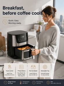 SMEGGEMS 4.5L Air Fryer, 1400W With Viewing Window, Non-Stick Coating, Pull-Out Basket, Removable Perforated Tray, 7 Cooking Presets And Digital Touch Controls - Black - View 12