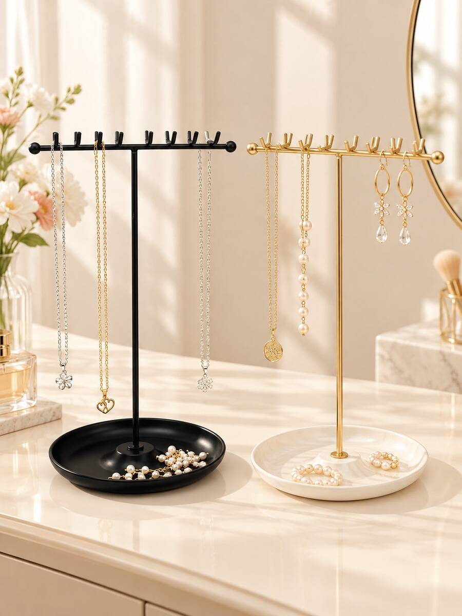 Home Desktop Tray Base Jewelry Stand, Double Row 16 Hooks Necklace Display Rack, Metal T-Shaped Earring Storage Holder - Multicolor - View 1