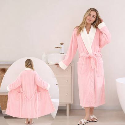 1pc Ultra Soft Microfiber Bathrobe, Thick Absorbent Quick Dry With Pockets, Women's Autumn/Winter Home Warm Morning Robe