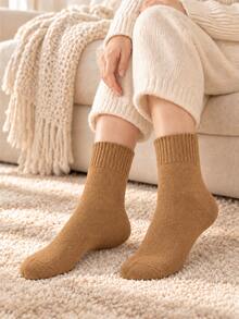1/3/6 Pairs Women's Autumn/Winter Solid Color Fleece Lined Mid-Calf Socks, Ribbed Cuff Knit Socks, Multi-Color Versatile Daily Home Socks, Random Color Shipment - Multicolor - View 2