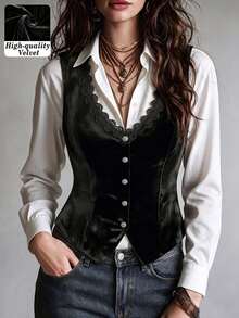 Women's Autumn/Winter Elegant Commute Holiday Inner/Outer Wear High-Quality Solid Color Lace Trim V-Neck Metal Four-Button Fitted Sleeveless Blazer - Black - View 4