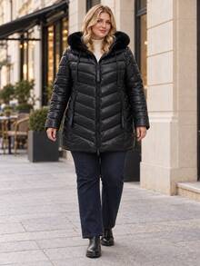 Women's Plus Size Quilted Puffer Jacket With Faux Fur Collar XL-5XL - Black - View 2