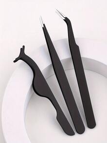Black Stainless Steel False Eyelash Set, 3 Pieces, Includes Straight And Curved Precision Tweezers And False Eyelash Application Tool, Strong Grip, Versatile Use For Nail Art And Eyelash Extensions, Portable For Travel, Makeup Essential, Affordable, Holiday Gift, Christmas Gift - Black - View 8