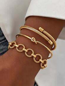 3pcs Women's Bracelet Set, Adjustable Open Design, Twisted Rope & Chain Elements, Luxury European Style, Gold, Suitable For Daily Wear, Date, Vacation And Valentine's Day/Christmas Gift - Yellow Gold - View 4