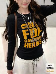 Set 2 áo thun dài tay cotton thuần in chữ mùa thu cho nữ, áo lót giữ nhiệt dáng ôm màu xanh navy + đen, dễ phối đồ - màu xanh hải quân và đen - Xem 2