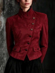 New Autumn Burgundy Stand Collar Asymmetrical Button Waist-Cinching Short Jacket, 1pc Elegant Vintage Button Pocket Decor Long Sleeve Motorcycle Jacket, Smooth Velvet Fabric Fitted Cut Mature Style Rider Top, Suitable For Party, Gathering, Daily Outing - Red - View 3