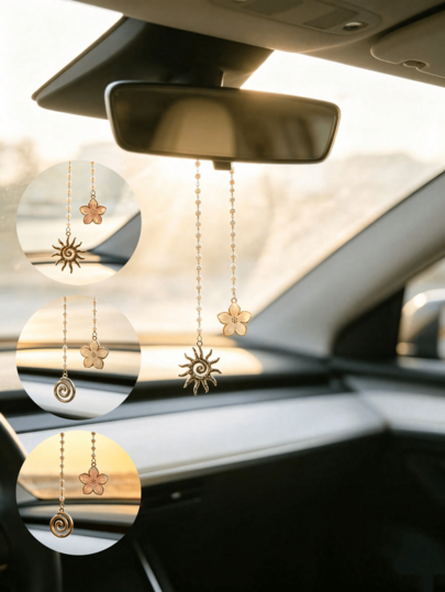 1pc Sun, Flower & Spiral Charm Rearview Mirror Hanging Ornament, Car Accessories