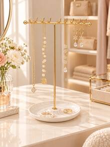 Home Desktop Tray Base Jewelry Stand, Double Row 16 Hooks Necklace Display Rack, Metal T-Shaped Earring Storage Holder - Multicolor - View 10