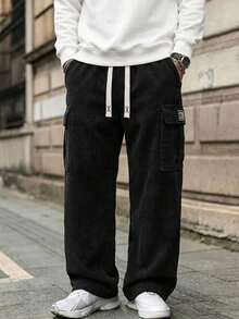 Men's Black Multi-Pocket Elastic Waist Corduroy Cargo Pants, Drawstring Vintage Straight Leg Casual Sports Pants - Black - View 3
