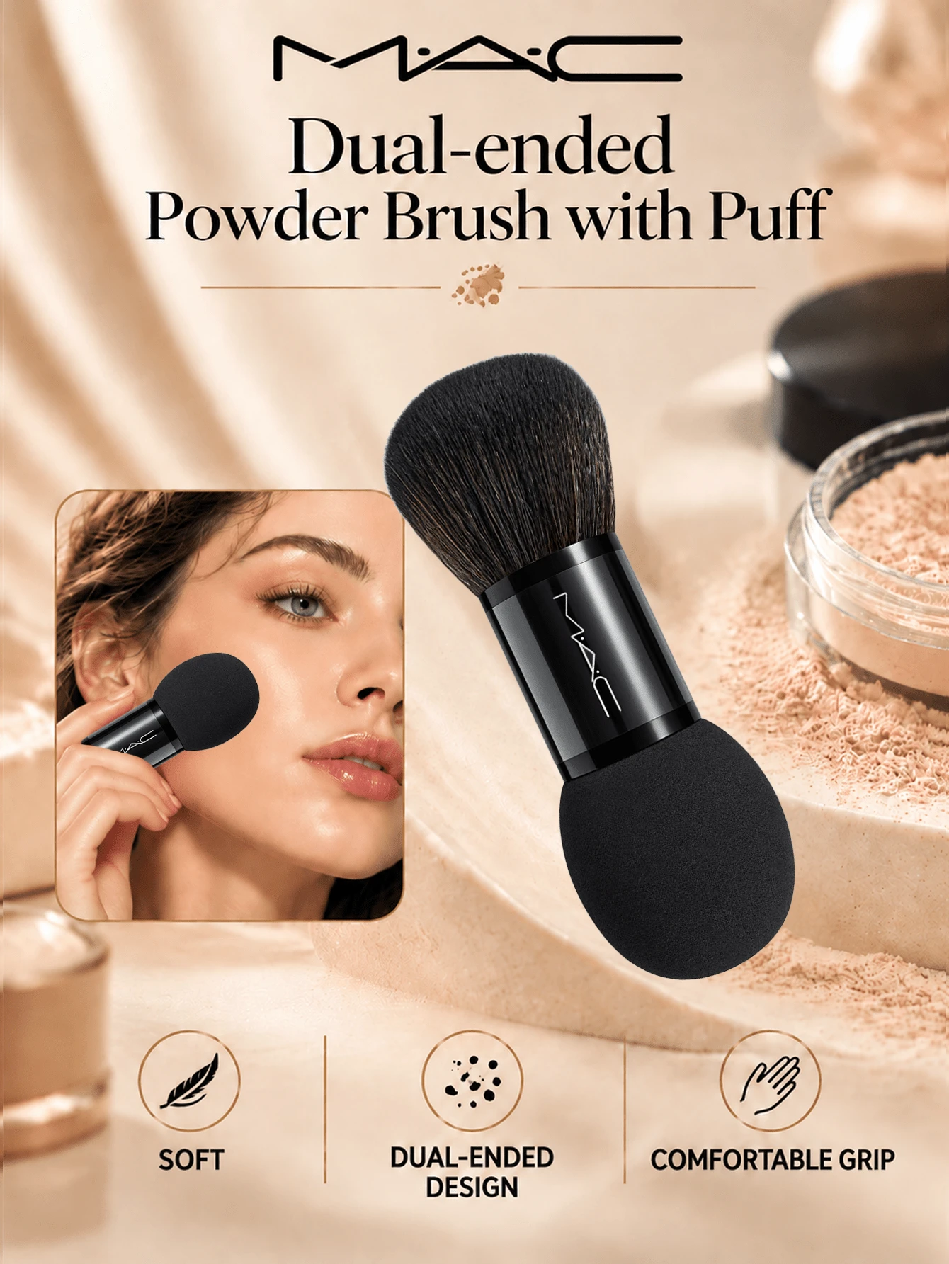 MAC Dual-Ended Powder Puff & Brush, 3.5*12.7cm, Soft Powder Puff, Dense Brush Head, Comfortable Grip, Even Application, Suitable For Setting Powder