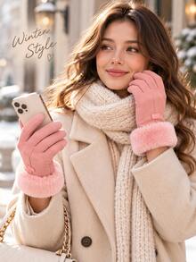 Faux Suede Fabric Full Finger Gloves, Slim Straight Shape With Plush Furry Cuff & Small Label Decoration, Touch Screen Design For Phone Operation,For Daily Commute, Shopping, Outdoor Walking, Christmas, New Year, Cold Autumn And Winter Days - Multicolor - View 5