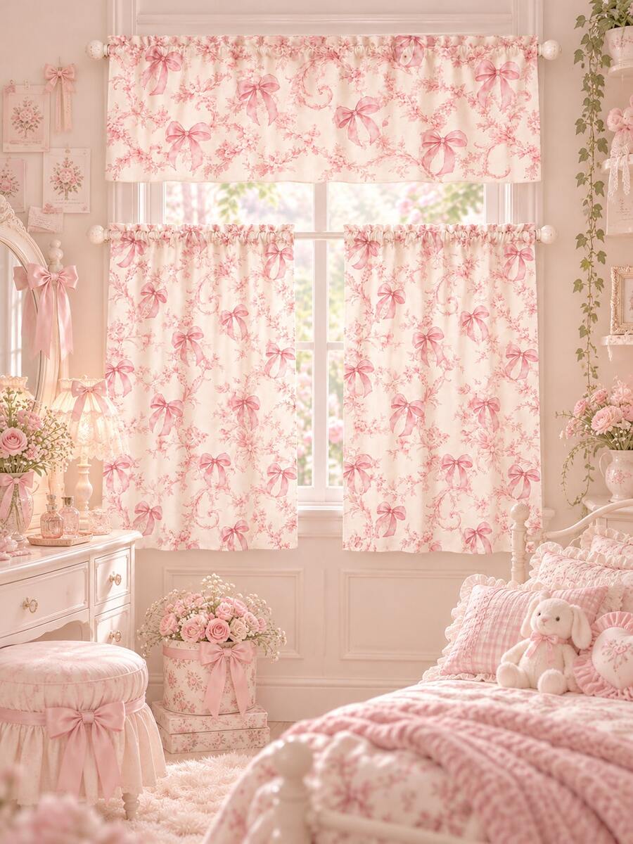 3PCS Pink Bow Floral Kitchen Curtain Set, Romantic Coquette Kawaii ...