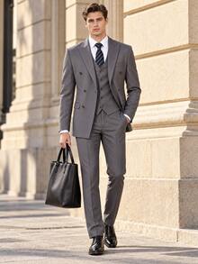 Men's Suits 3 Pieces Vertical Stripe Double Breasted Suit Set Blazer Vest Pants Formal Outfit For Wedding Business Party Occasions Sizes XS-3XL - Grey - View 1