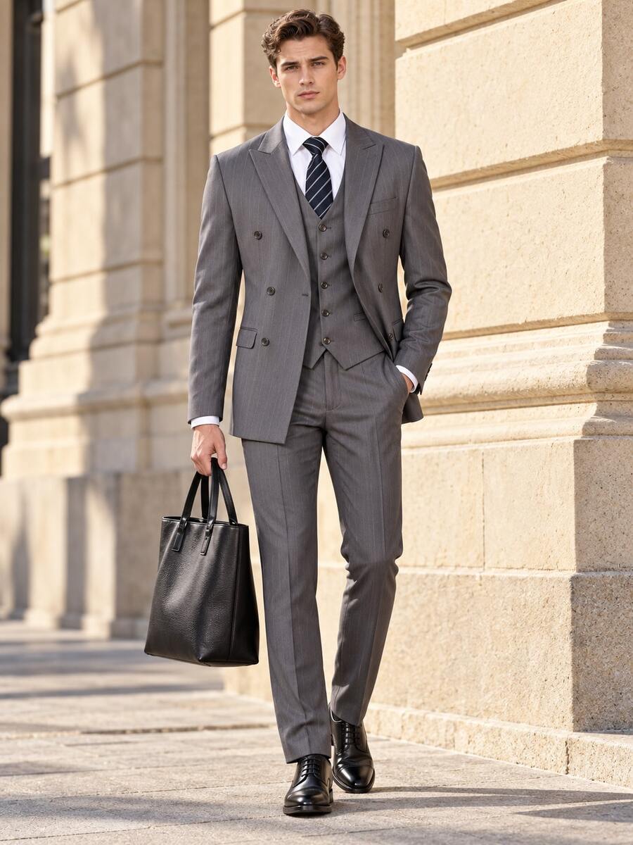 Men's Suits 3 Pieces Vertical Stripe Double Breasted Suit Set Blazer Vest Pants Formal Outfit For Wedding Business Party Occasions Sizes XS-3XL - Grey - View 1