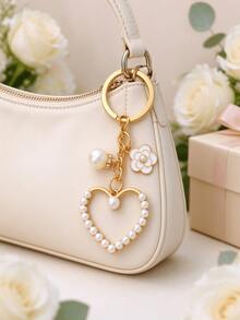 Pearl Hollow Heart Keychain Bag Charm, Camellia Flower Bag Accessory, Elegant Alloy Key Ring Pendant, Women's Handbag Accessory Gift - Multicolor - View 4
