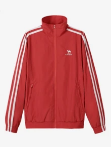 CAMEL CROWN Unisex Loose Striped Stand Collar Fleece Lined Jacket, Water Repellent Preppy Outerwear - Alert Red - View 2