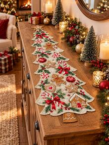1pc Gingerbread Christmas Tree Linen Table Runner, Cute Gingerbread Man Candy Cane Peppermint Snowflake Print, Irregular Tree Shaped Dining Table Runner, Festive Farmhouse Kitchen Decor, Christmas Decorations For Home, Xmas Party, Holiday Table Decor - C - View 6