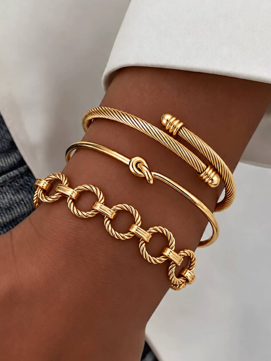 3pcs Women's Bracelet Set, Adjustable Open Design, Twisted Rope & Chain Elements, Luxury European Style, Gold, Suitable For Daily Wear, Date, Vacation And Valentine's Day/Christmas Gift - Yellow Gold - View 1