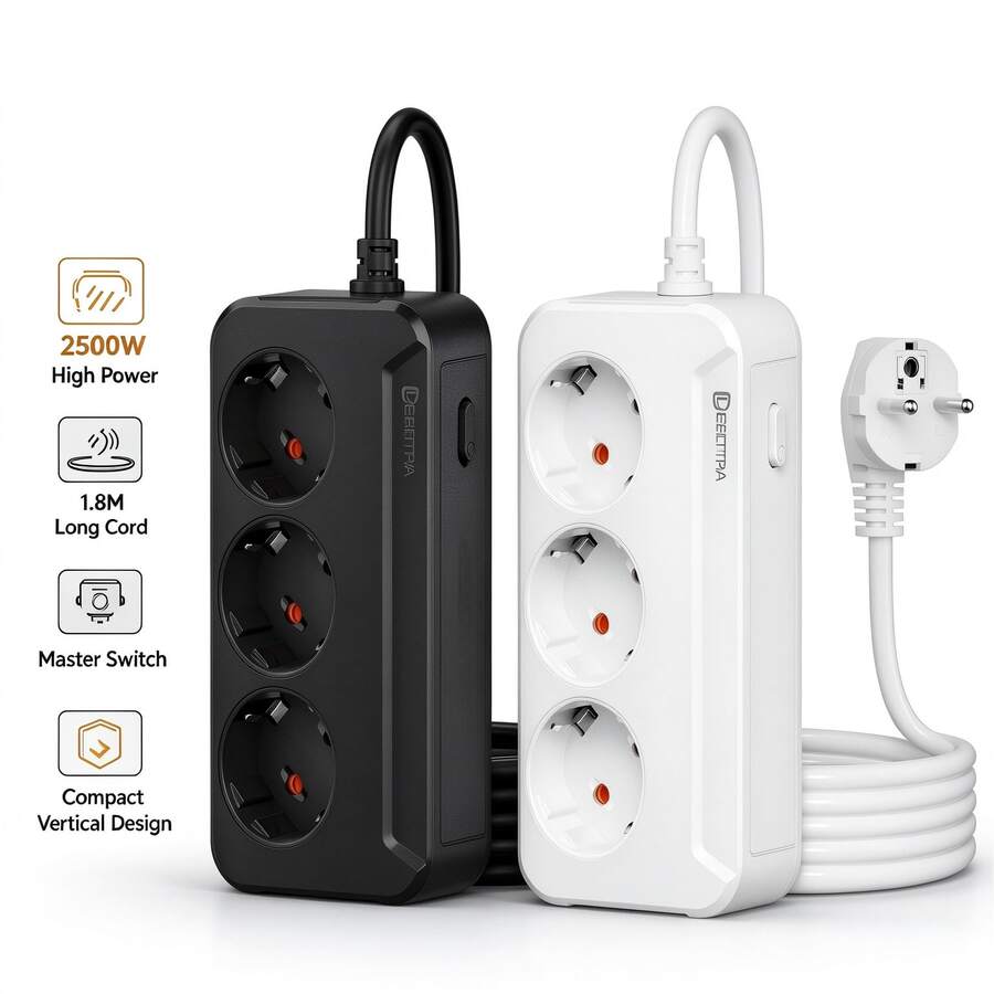 1pc Vertical Compact Schuko Power Strip, 3 German Standard Outlets, 2500W High Power With One-Button Switch Extension Cord, Space-Saving Desktop Socket, Suitable For Home Office