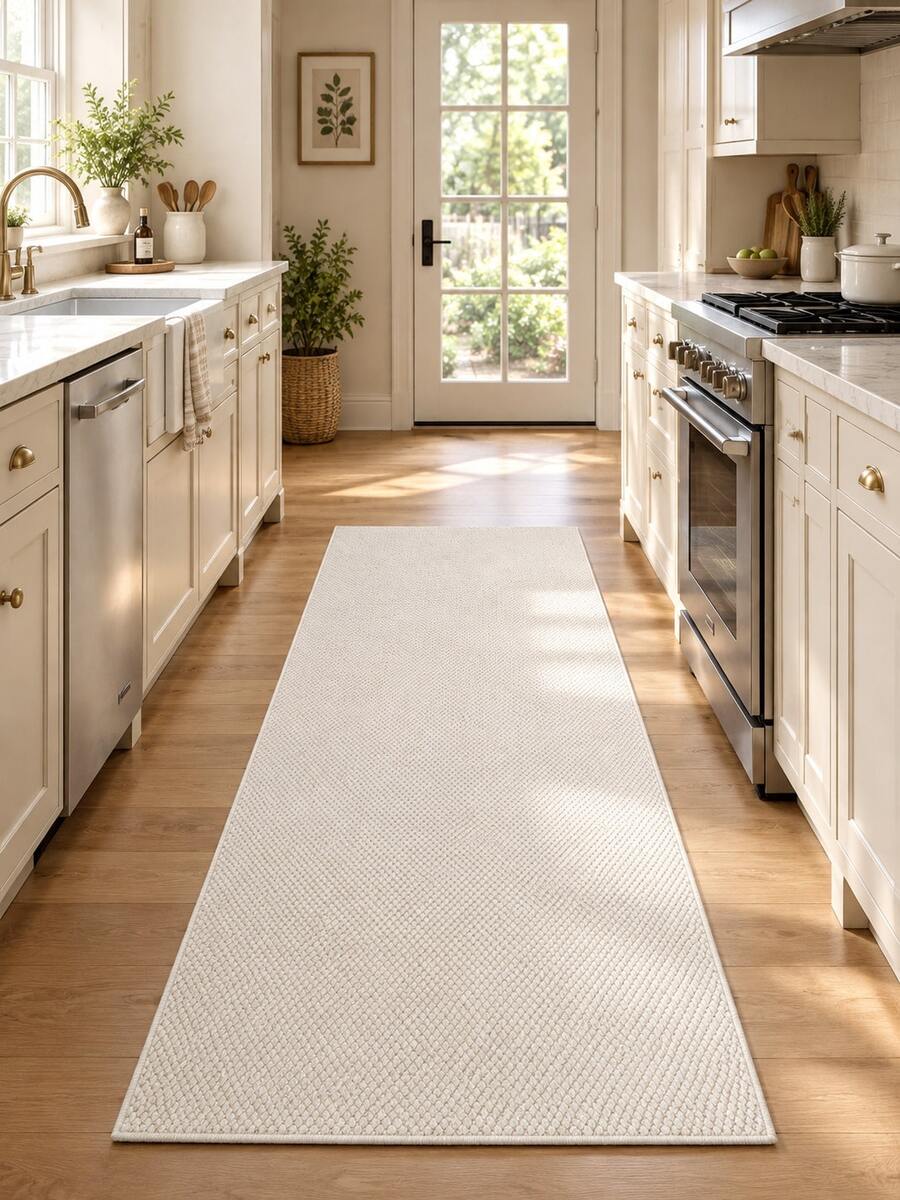 1pc Faux Jute White Long Runner Rug, Suitable For Hardwood Floors In Entryway, Laundry Room, Hallway, Bedroom, Kitchen, Dining Room, Fashionable Long Mat, Door Mat, Washable Non-Slip, Hallway Carpet, Bedroom Carpet, Kitchen Carpet, Bedside Carpet, Home Decor, Kitchen Decor - White - View 1