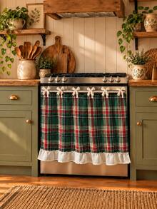 Vintage Plaid Oven Curtain, Burgundy Fabric Tie-Back With Ruffle Trim, Oil-Resistant Kitchen Layered Curtain, Stove, Cabinet And Small Window Decorative Cover, Country Farmhouse Christmas Kitchen Decor - Green - View 1