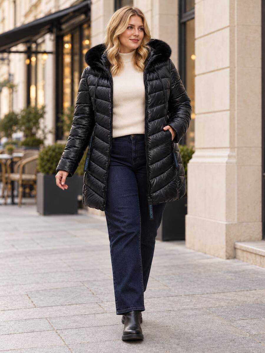 Women's Plus Size Quilted Puffer Jacket With Faux Fur Collar XL-5XL - Black - View 1