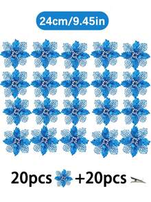 1件/5件/10件/20件 亮面聖誕花，適用於聖誕樹和花環，直徑3.5英吋/5.9英吋/9.45英吋，附夾子，聖誕節假期裝飾，新年派對用品（顏色：藍色） - 藍色 - 查看 16