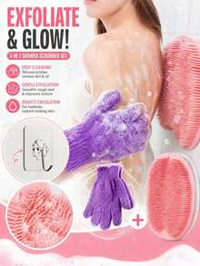 1 Set Bath Scrubbing Kit, Includes 5-Finger Exfoliating Bath Gloves, Silicone Bath Scrub Pad With Hook, Powerful Dirt & Exfoliating Bath Scrubbing Tool, Convenient And Effortless - A - View 12