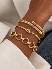 3pcs Women's Bracelet Set, Adjustable Open Design, Twisted Rope & Chain Elements, Luxury European Style, Gold, Suitable For Daily Wear, Date, Vacation And Valentine's Day/Christmas Gift - Yellow Gold - View 2