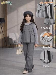 Vihyde Tween Girls French Vintage Bow Decor Vest & Ribbed Frill Trim Base Layer Top & Frill Trim Straight Leg Pants 3 Pieces Set - Light Grey - View 2