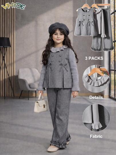 Vihyde Tween Girls French Vintage Bow Decor Vest & Ribbed Frill Trim Base Layer Top & Frill Trim Straight Leg Pants 3 Pieces Set