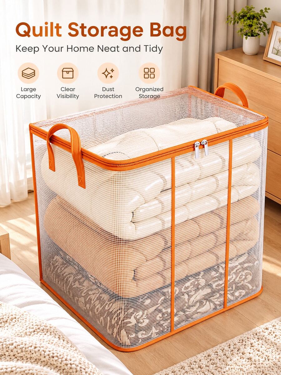 Foldable Quilt Storage Bag, Large Capacity Blanket & Clothing Organizer, Zipper Closure With Dual Handles, Mesh Visible Storage Box, Space-Saving Home Storage For Wardrobe & Bedroom, Ideal For Housewarming