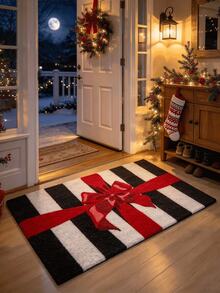 1pc, Black And White Striped Red Bow Rug, Black And White Stripes Paired With Eye-Catching Red Bow, Minimalist Contrast Design, Strong Visual Impact, Full Of Atmosphere, Filled With Romantic Holiday Vibe, Christmas Decoration Rug, Fun Rug Machine Washable, Indoor And Outdoor Use, Holiday Gift Home Decor Rug, Multiple Sizes Available, Suitable For Bathroom, Kitchen, Bedroom, Hallway, Dining Room - Multicolor - View 4