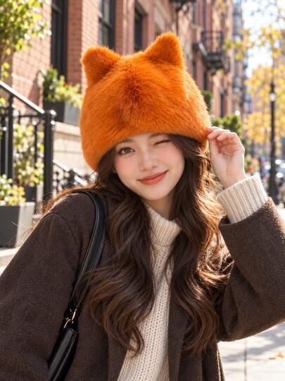 1pc Cute Orange Plush Cat Ear Hat, Soft Faux Fur Material, 3D Double Cat Ear Design, Fluffy Comfortable Warm, Sweet Playful Girly Style, Suitable For Autumn/Winter Daily Wear, Street Fashion, Outdoor Outings, Campus Outfits, Christmas And Birthday Gifts
