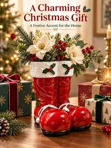 Red Christmas Boot Flower Vase, Festive Santa Boots Floral Container With Holly Accents, Decorative Holiday Centerpiece For Christmas Dining Table, Fireplace Mantel, Entryway Console And Winter Home Decor - Christmas Boot Vase - View 5