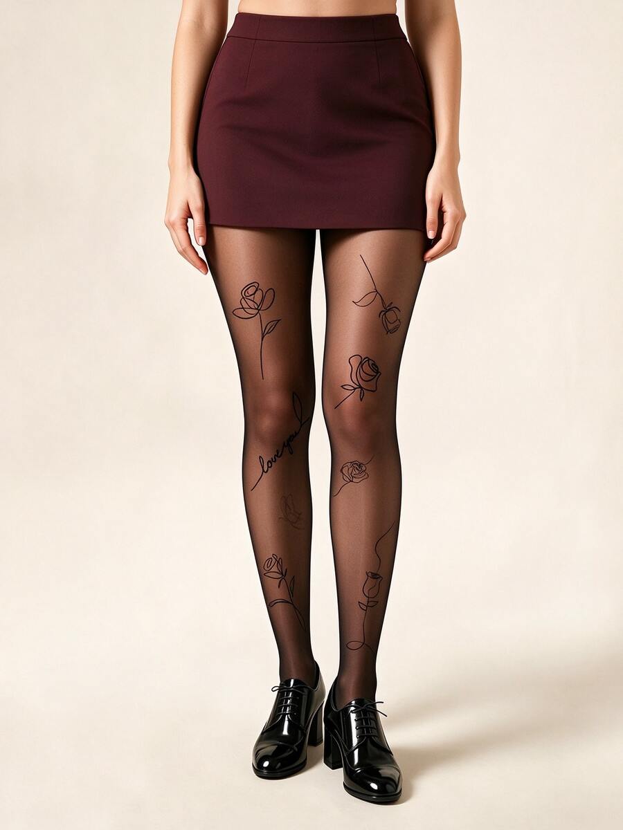 1 Pair Black Line Rose Print Tights, Gentle Atmosphere English 
