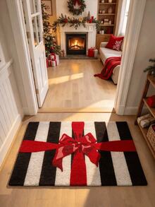 1pc, Black And White Striped Red Bow Rug, Black And White Stripes Paired With Eye-Catching Red Bow, Minimalist Contrast Design, Strong Visual Impact, Full Of Atmosphere, Filled With Romantic Holiday Vibe, Christmas Decoration Rug, Fun Rug Machine Washable, Indoor And Outdoor Use, Holiday Gift Home Decor Rug, Multiple Sizes Available, Suitable For Bathroom, Kitchen, Bedroom, Hallway, Dining Room - Multicolor - View 3