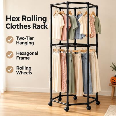 1pc Multi-Functional Hexagonal Corner Clothes Rack With Wheels, 2-Tier Sturdy Metal Hanging Drying Rack, Space-Saving Garment Organizer For Indoor, Outdoor, Balcony, Bedroom