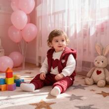 3pcs Baby Girls Fashion Casual Heart Embroidery Fleece Hooded Vest, Heart Embroidery Fleece Pullover Top And Ribbed Cuff Pants Set, Autumn/Winter - Burgundy - View 1