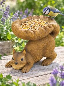 1pc Squirrel Shaped Bird Feeder, Decorative Open Seed Tray, Exquisite Fur Texture, Freestanding Wild Bird Feeding Dish For Garden, Patio And Backyard - F - View 5