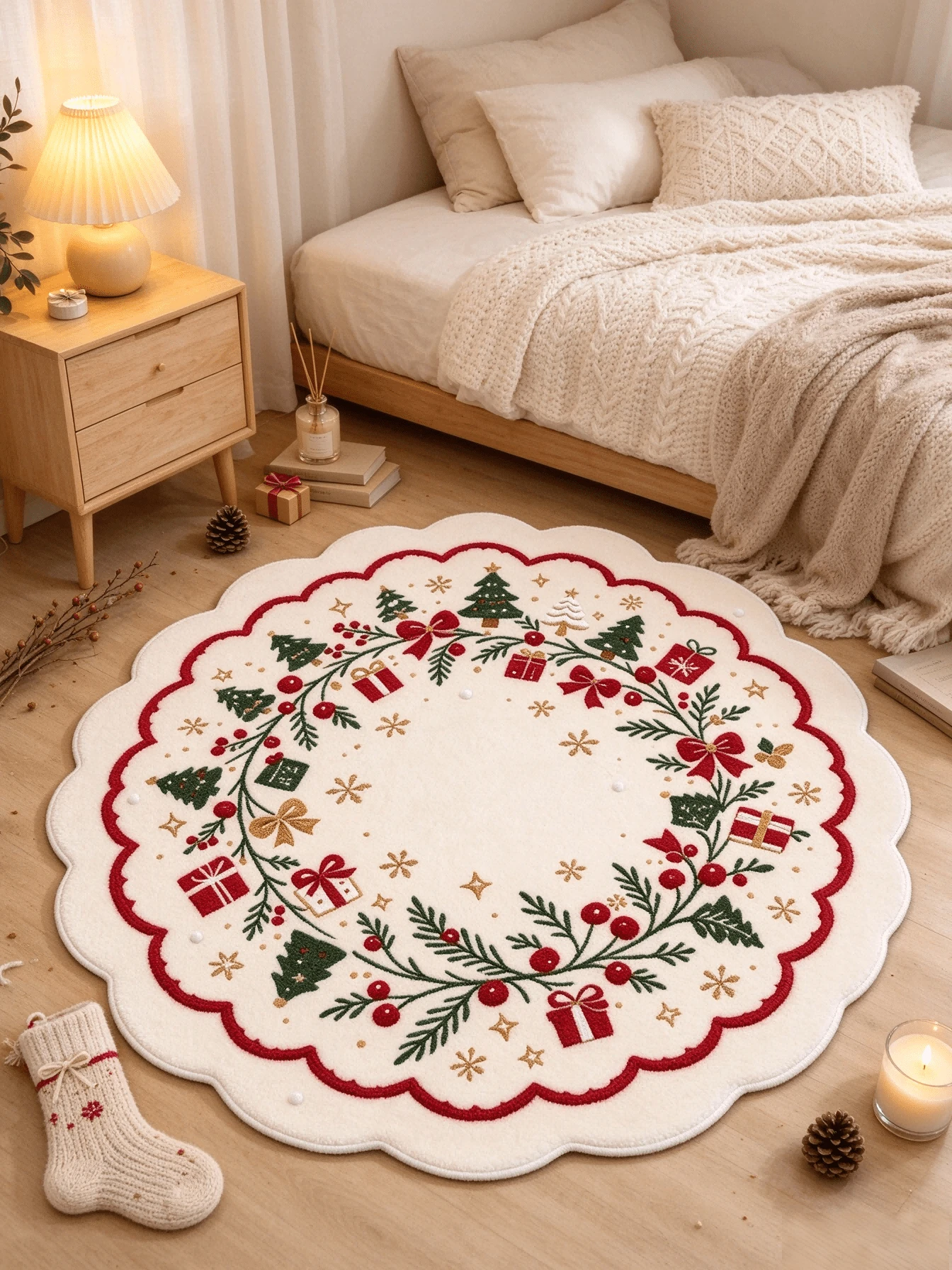 1pc Christmas Atmosphere Bedroom Decor Bedside Rug, Gift Red Berry Pattern Living Room Bay Window Rug, Minimalist Vintage Closet Holiday Plush Rug, Fluffy Soft Closet Rug, Suitable As Christmas Gift For Friends - Multicolor - View 1